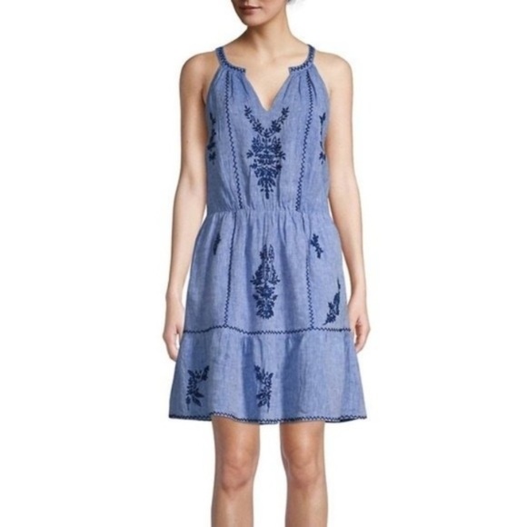 Anthropologie Roller Rabbit Mini Dress Embroidered Linen Blue Sleeveless Size XS - Picture 3 of 16